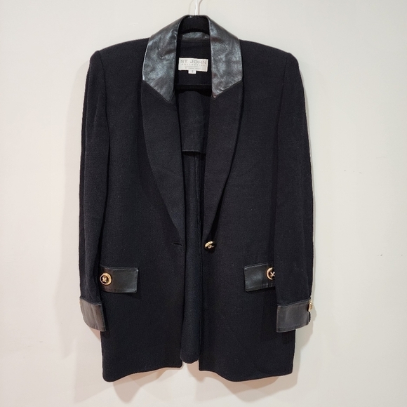 St. John vintageknit blazer with leather trim, size 8 - Picture 1 of 6